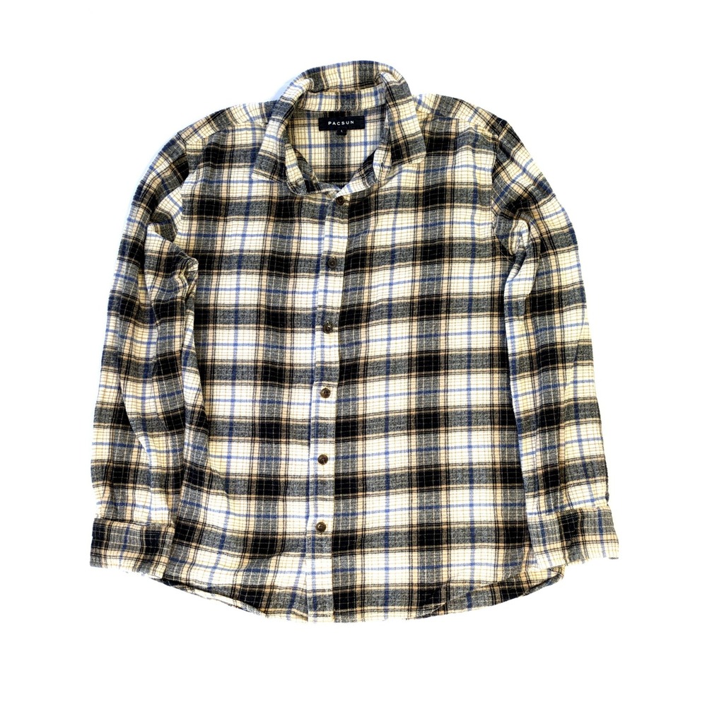 PacSun Mens Tan Black Blue Plaid Flannel Button Down Shirt Large RN090233